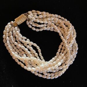 Vintage 10-Strand Freshwater Rice Pearl Bracelet | Gold Tone Textured Clasp